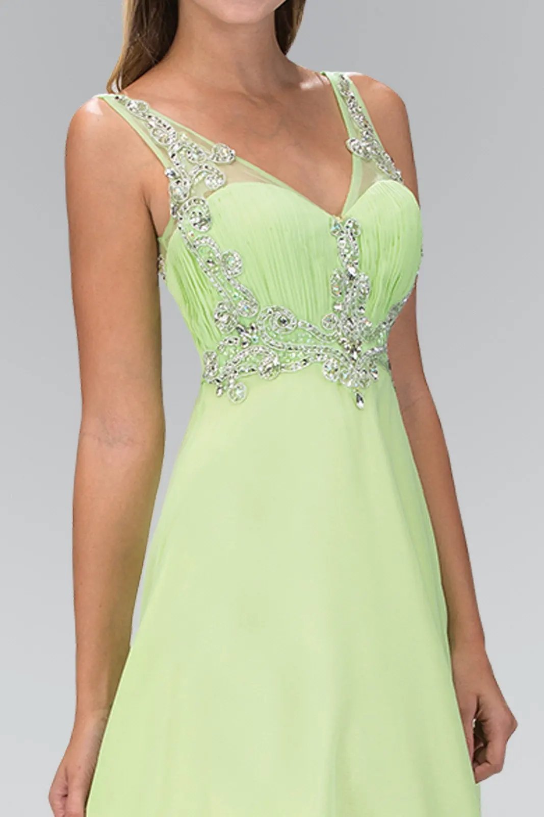 V-Neck Chiffon Long Dress with Beaded Sheer Straps by Tux-USA