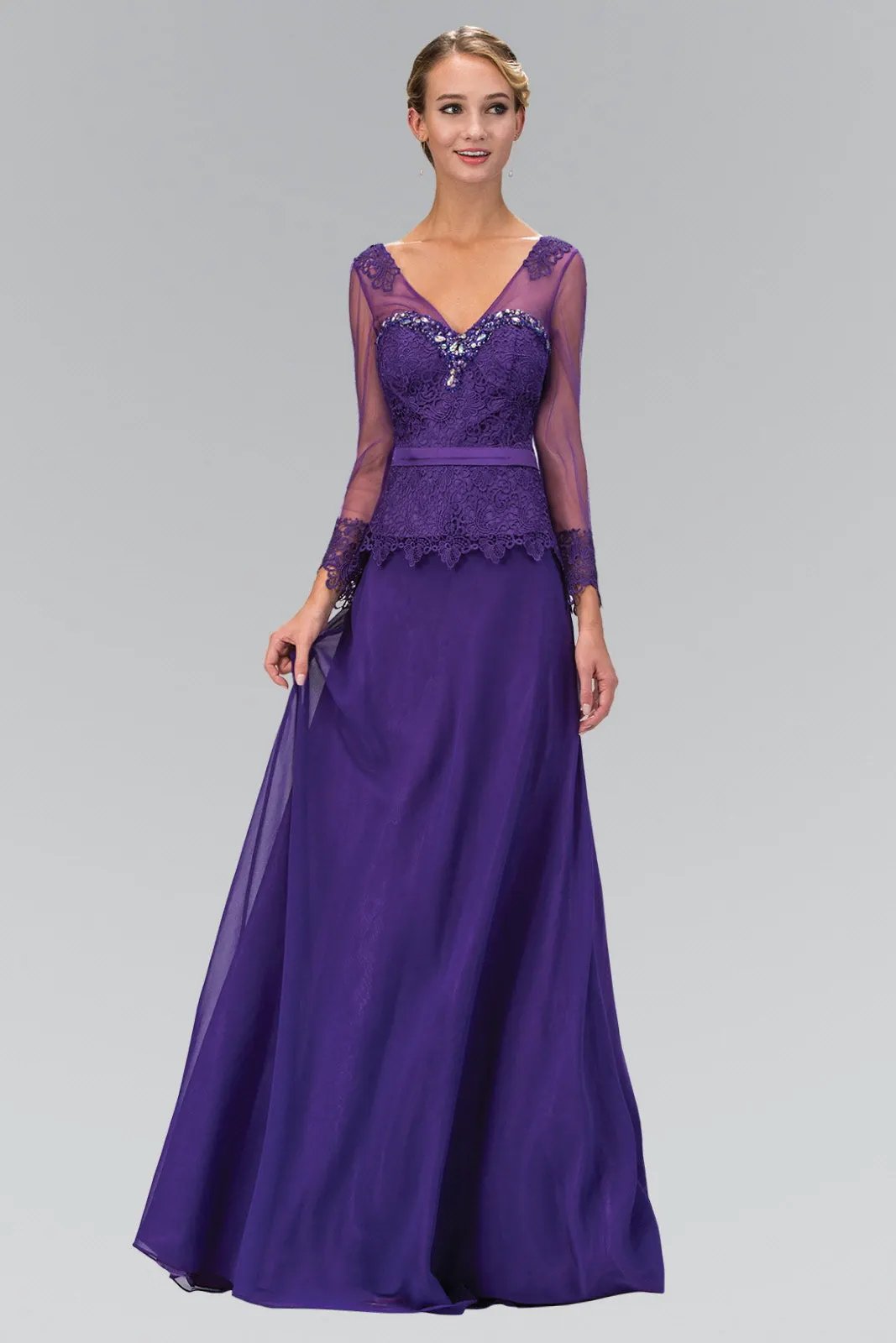 V-Neck Long Sheer Sleeve Chiffon Floor Length Dress with Lace Bodice by Tux-USA