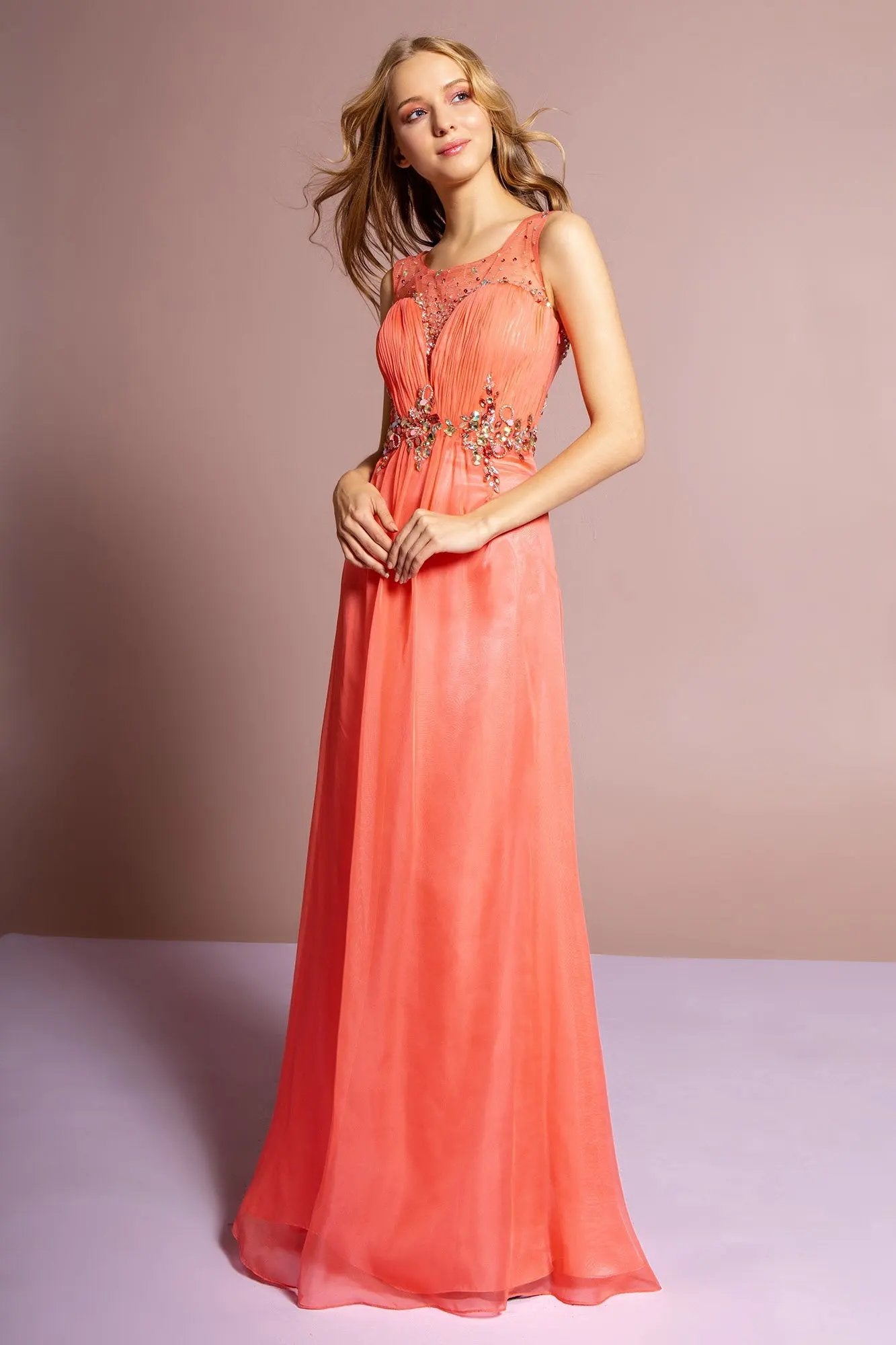 Ruched Bodice Chiffon Long Dress with Jeweled Neckline and Waist by Tux-USA