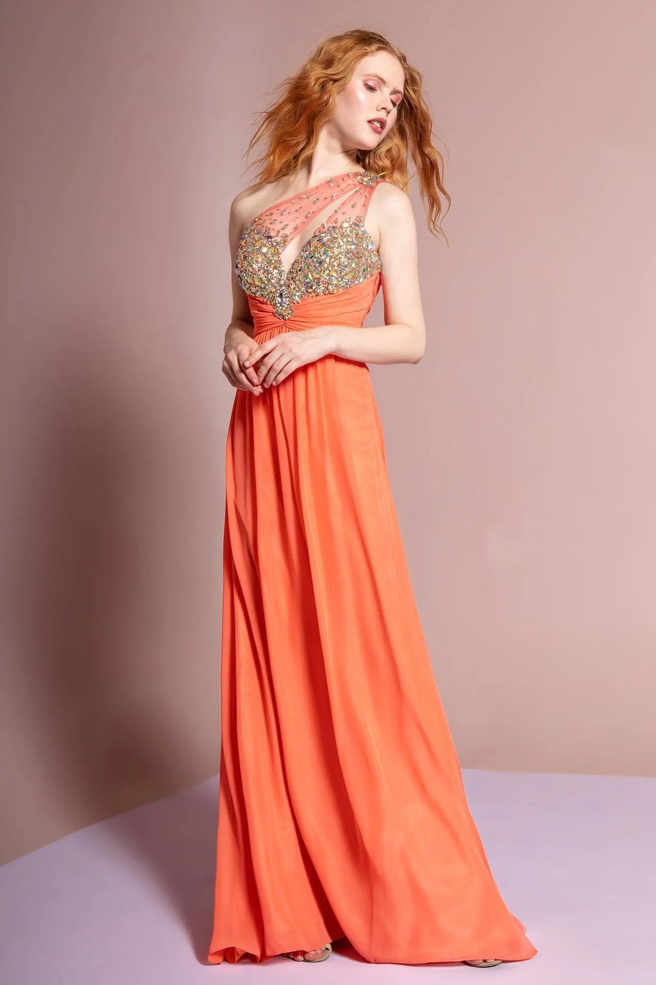 One Shoulder Chiffon Long Dress with Jewel Embellished Bodice and Ruched Waistline by Tux-USA