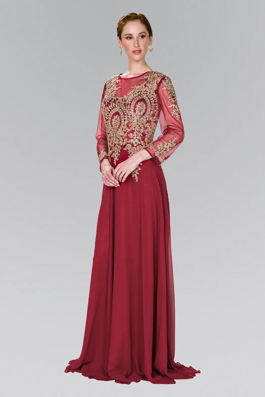 Lace Embellished Floor Length Dress with Sheer Sleeve by Tux-USA