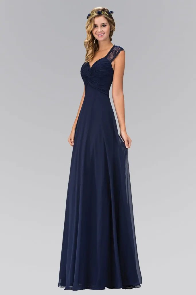 Empire Waist Long Dress with Ruched Bodice and Lace Back by Tux-USA