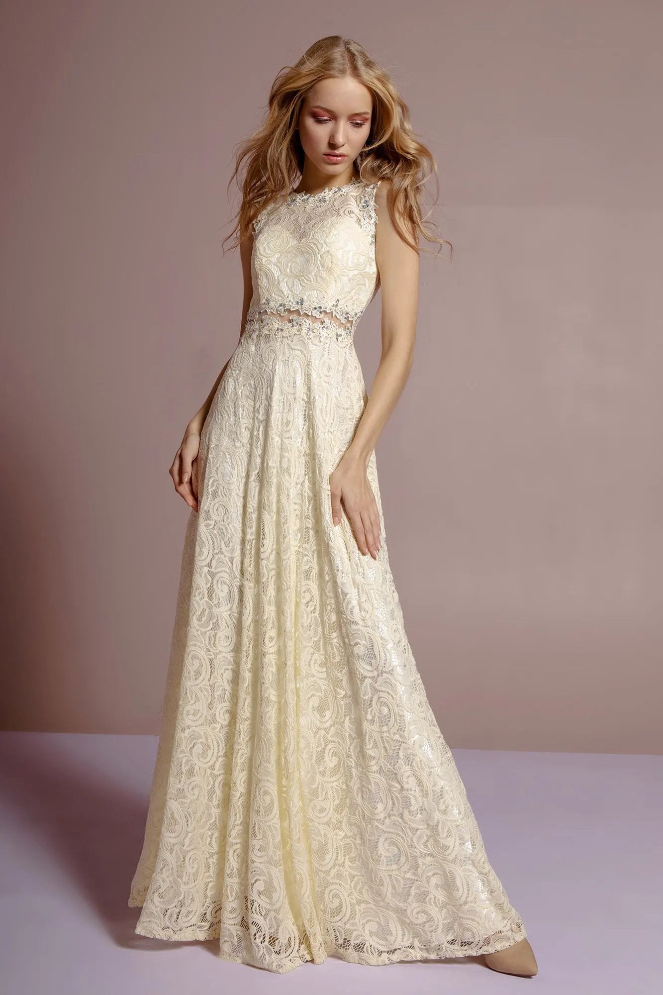 Floor Length Sleeveless Lace Dress by Tux-USA