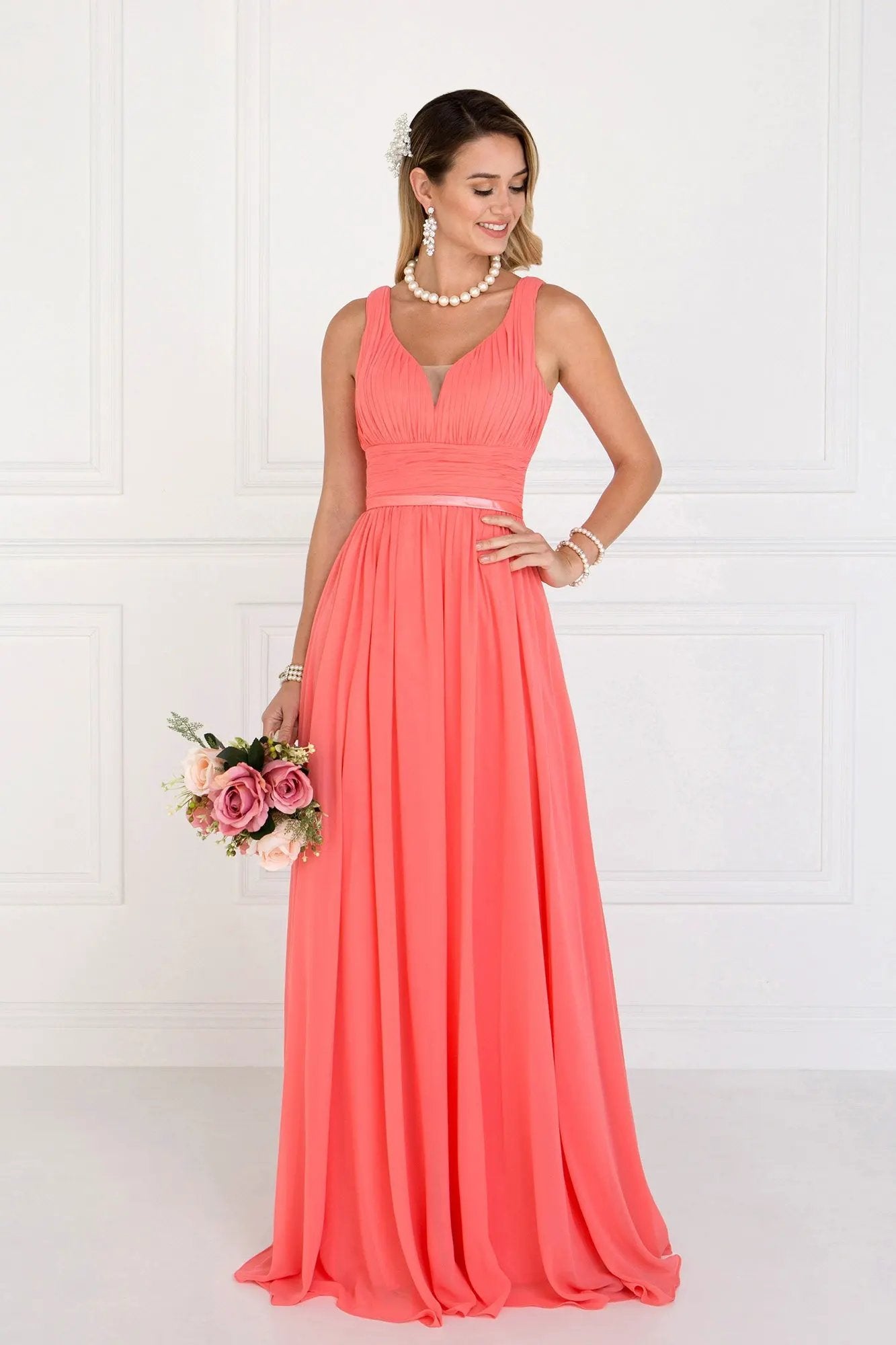 Chiffon Wide V-Neck A-Line Long Dress by Tux-USA