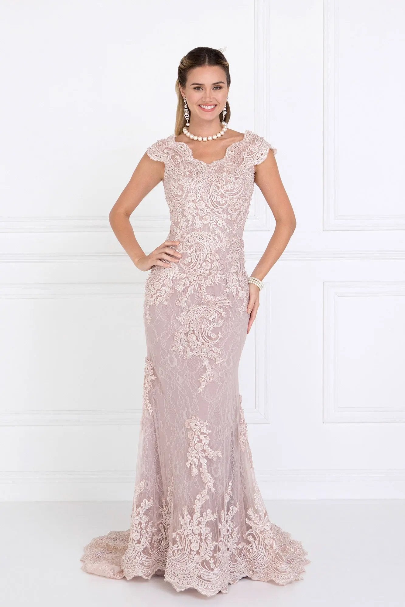 Lace Mermaid Long Dress with Embroidered V-Back by Tux-USA