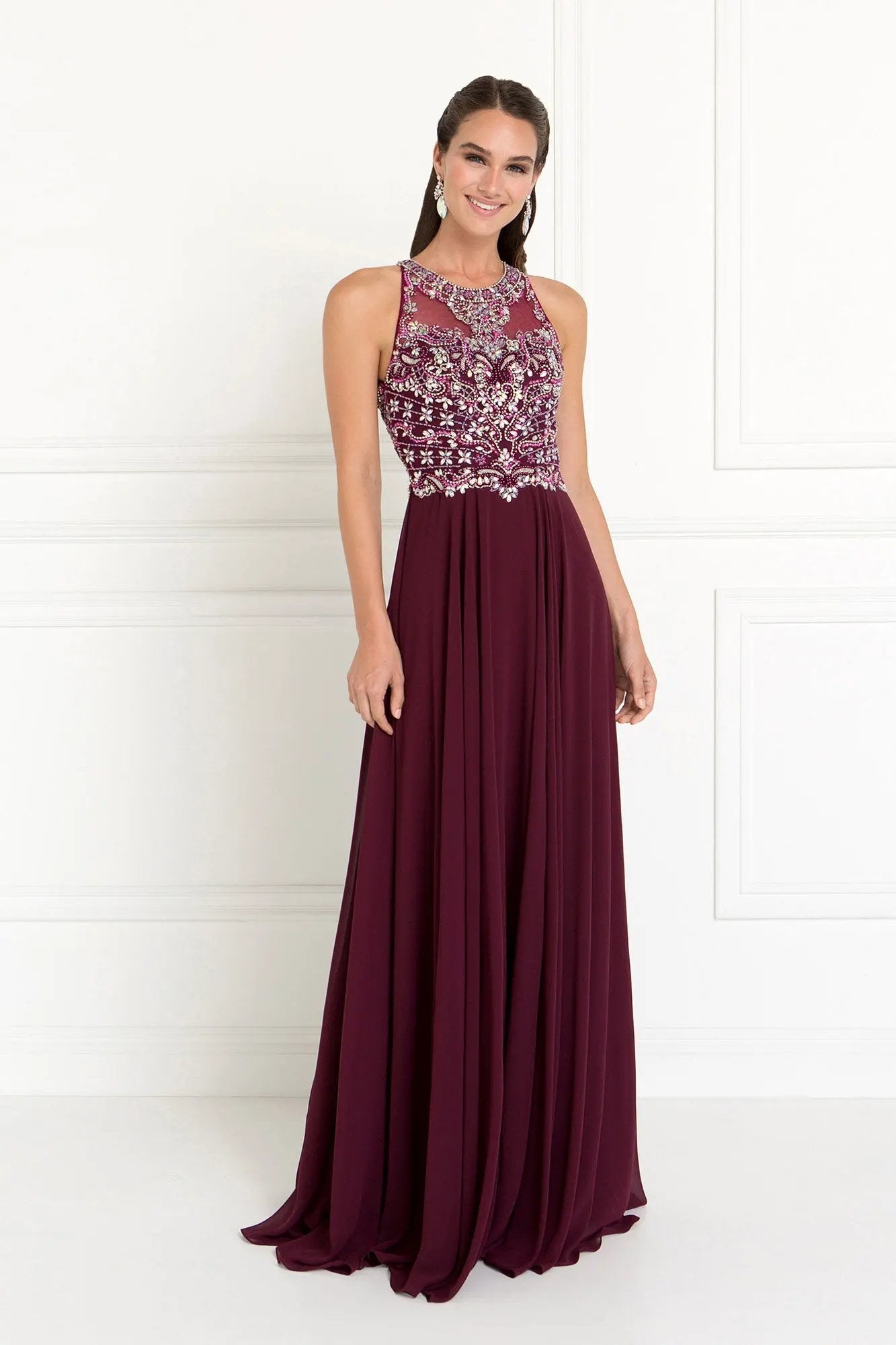 Chiffon A-Line Long Dress with Beads and Jewels Embellished by Tux-USA