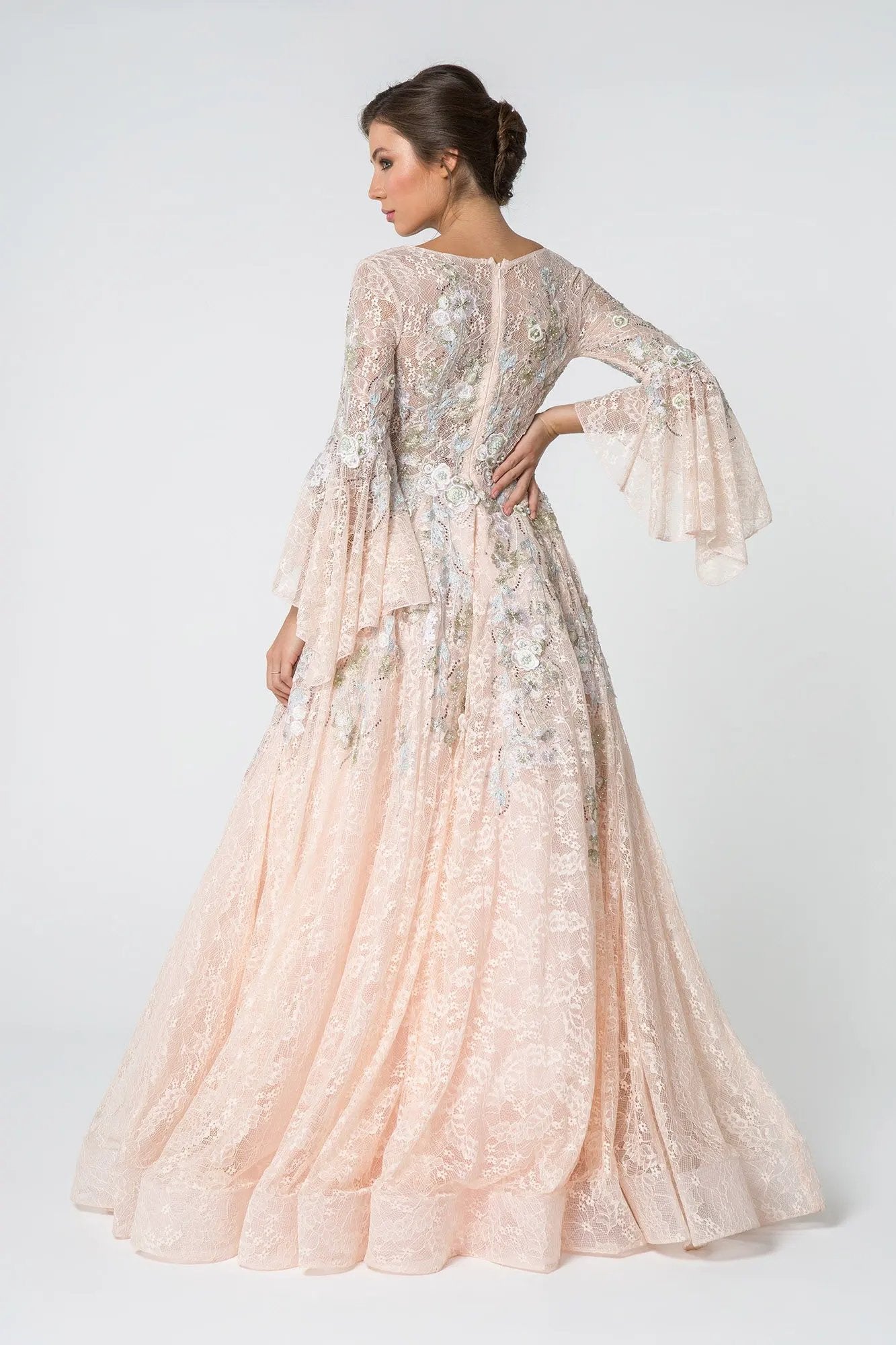 Lace V-Neck A-Line Long Dress with Embroidery and Trumpet Sleeves by Tux-USA