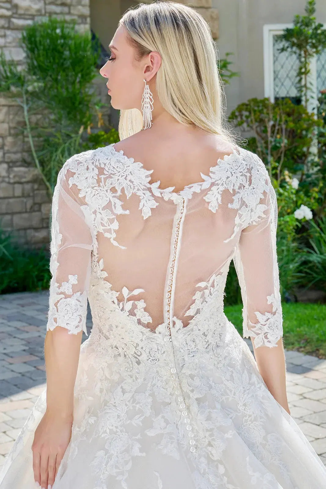Wedding dress with V-neck, embroidered sparkly mesh and 1/2 sleeves by Tux-USA