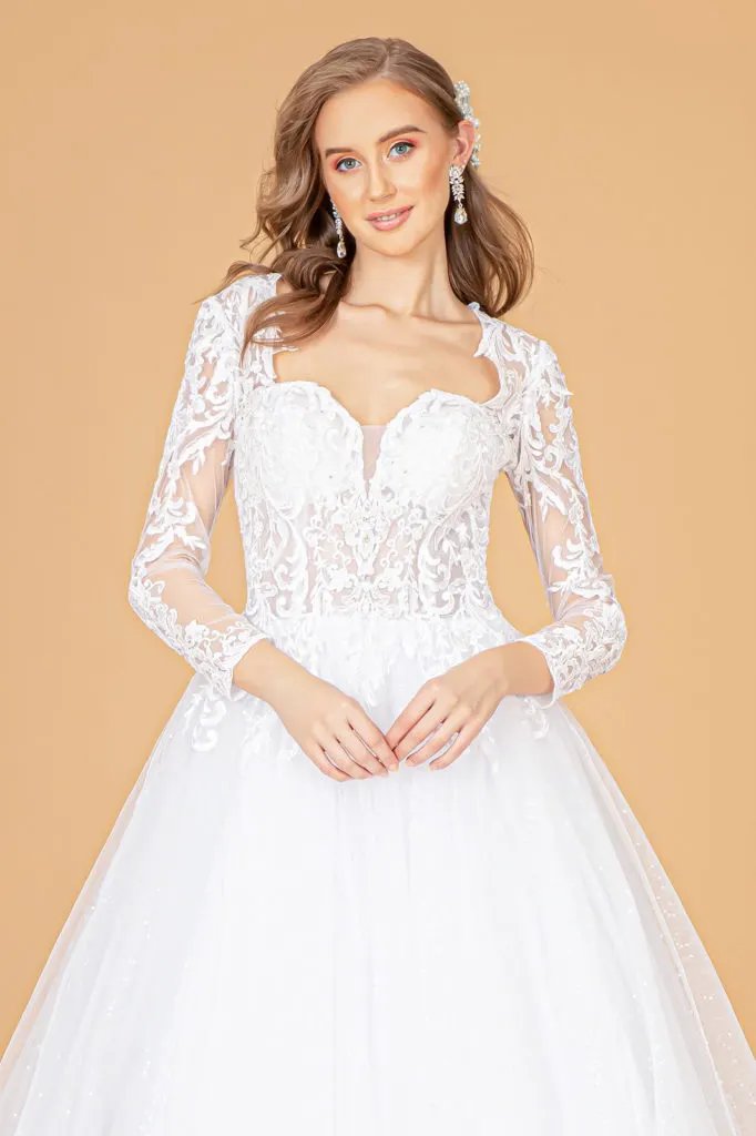 Illusion V-Neck Embroidered Mesh Wedding Gown w/ Sequin Lining by Tux-USA
