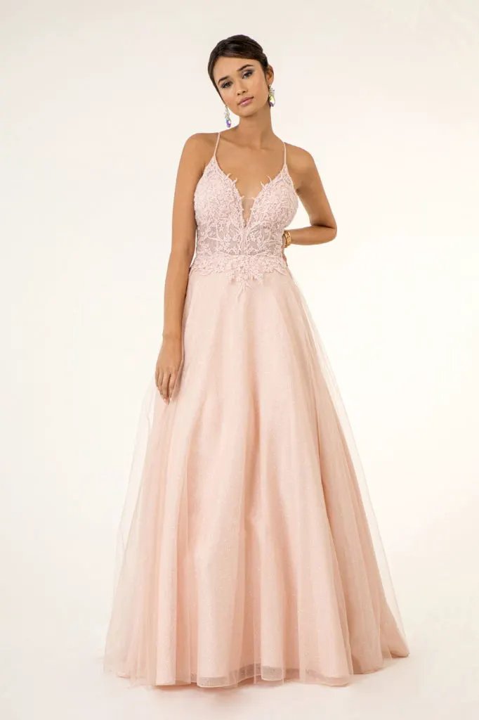 V-Neck Floral Embroidery Embellished Bodice Glitter Mesh Long Dress by Tux-USA