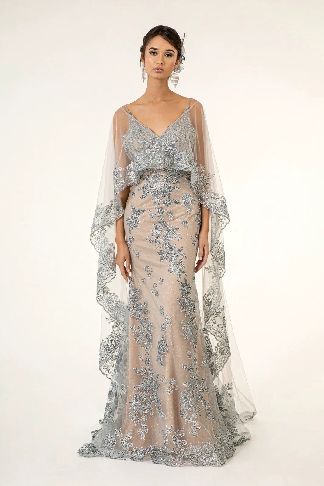 Glitter Embellished Mesh V-Neck Long Dress w/ Detachable Cape - Mask Not Included by Tux-USA