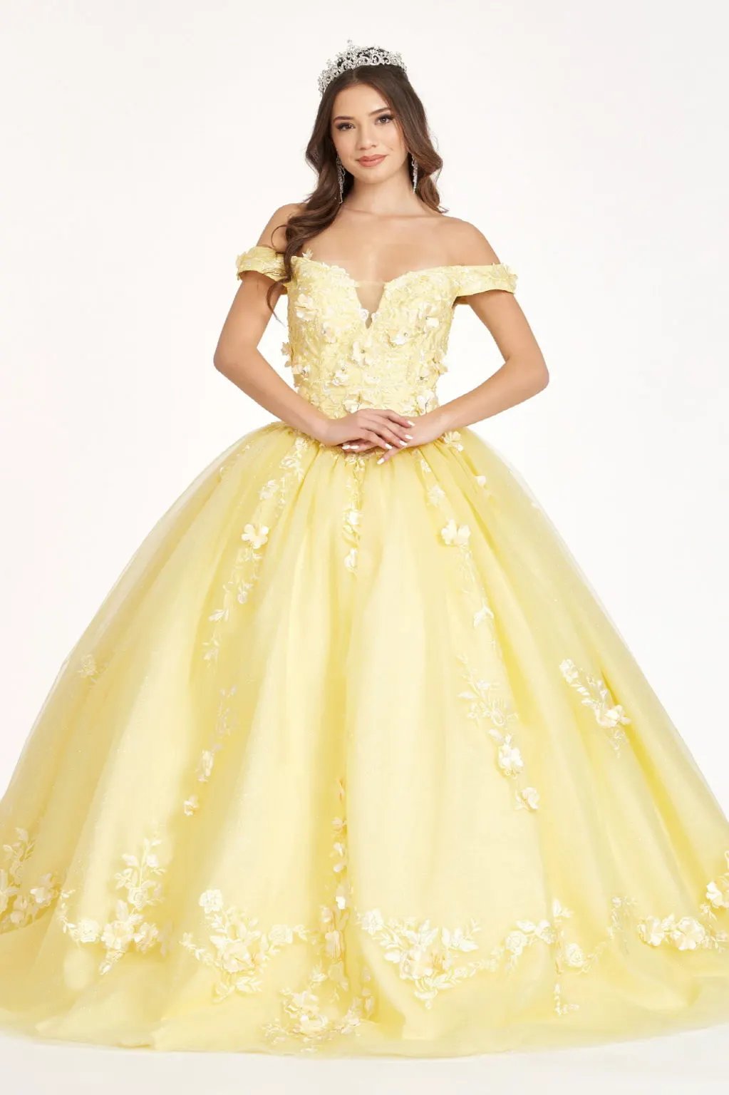 Embroidery Embellished Glitter-Mesh Cut-Away Shoulder Quinceanera Dress by Tux-USA