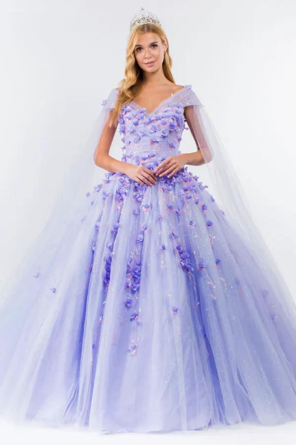 3D Floral Applique Glitter Mesh Quinceanera Dress w/ Detachable Cape Sleeve by Tux-USA
