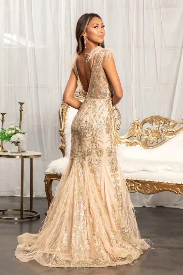 Feather Accented V-neckline Embellished Mesh Dress by Tux-USA