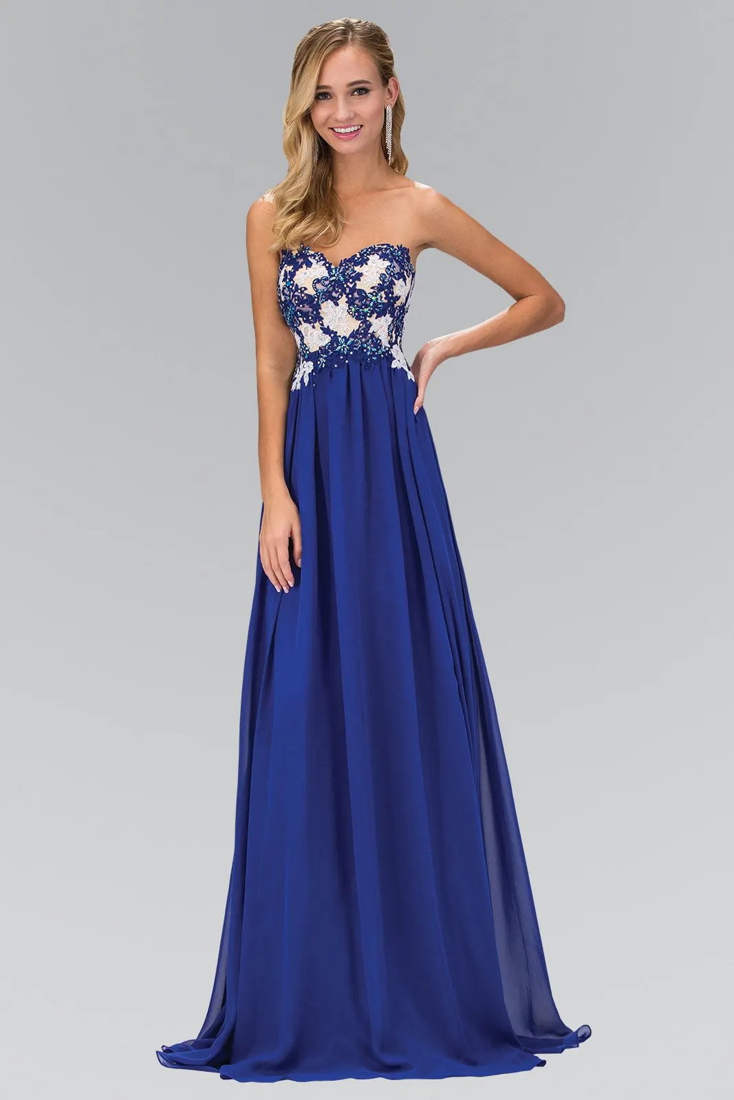 Strapless Sweetheart Chiffon Long Dress with Lace on Bodice by Tux-USA