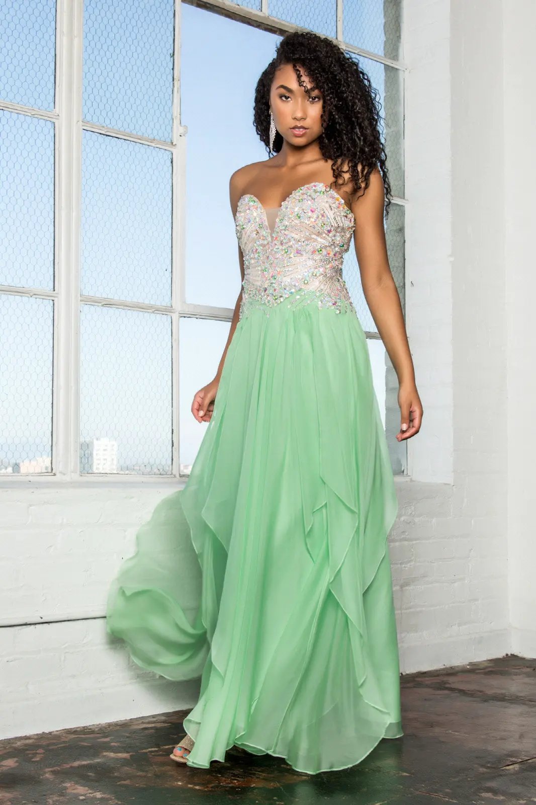 Strapless Sweetheart Chiffon Long Dress with Sequin Embellished Bodice by Tux-USA