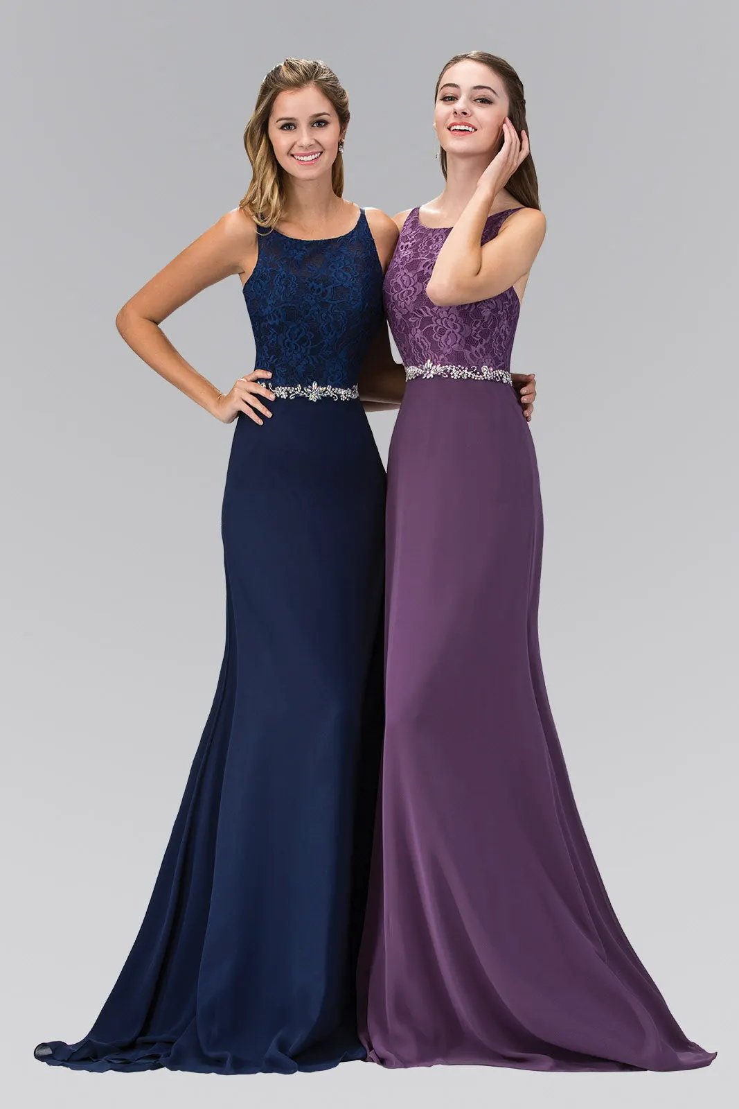 Chiffon Floor Length Dress Accented with Jewel Waistband by Tux-USA