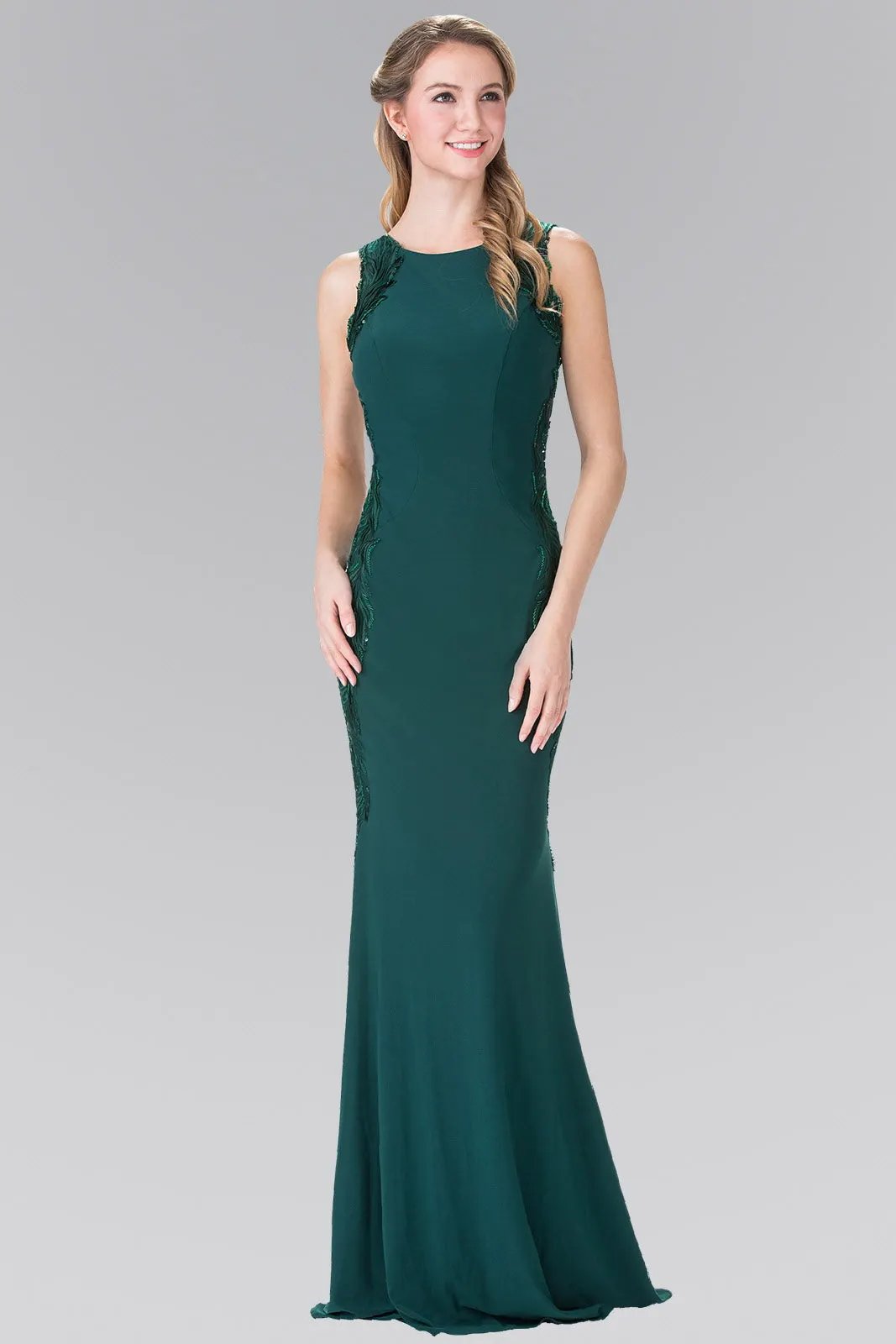 Open-Back Jersey Long Dress Accented with Side Embroidery by Tux-USA