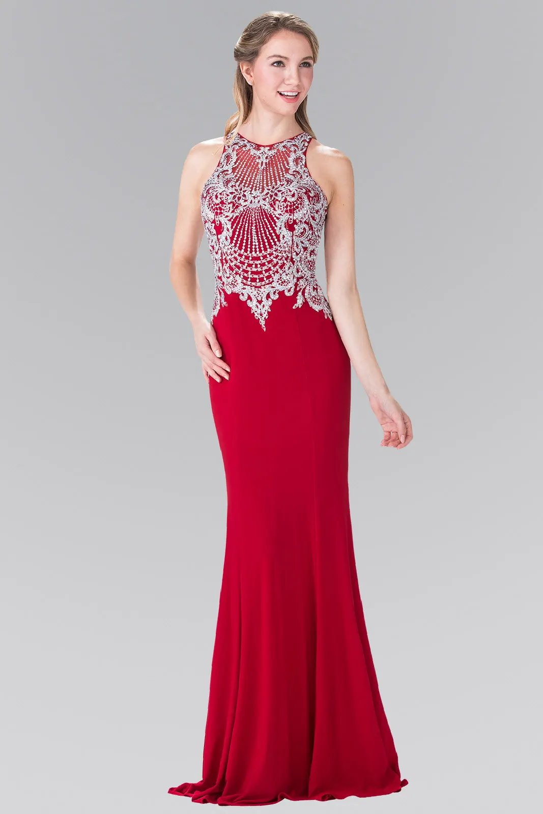 Dress Embroidered Illusion Jersey Mermaid Satin Gown Royal Blue by Tux-USA