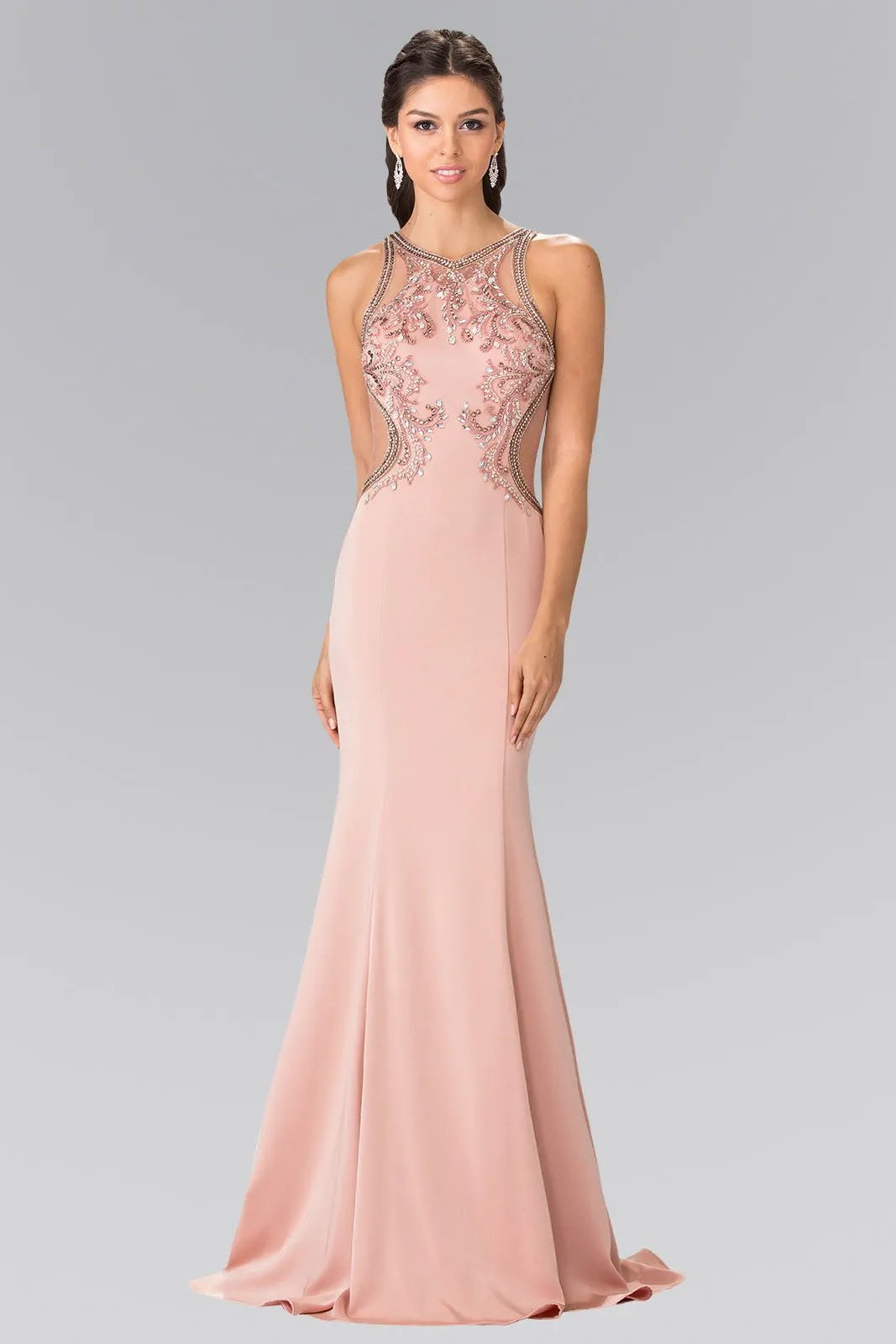 Tux USA Beads Embellished Jersey Long Dress With Sheer Back For Prom by Tux-USA