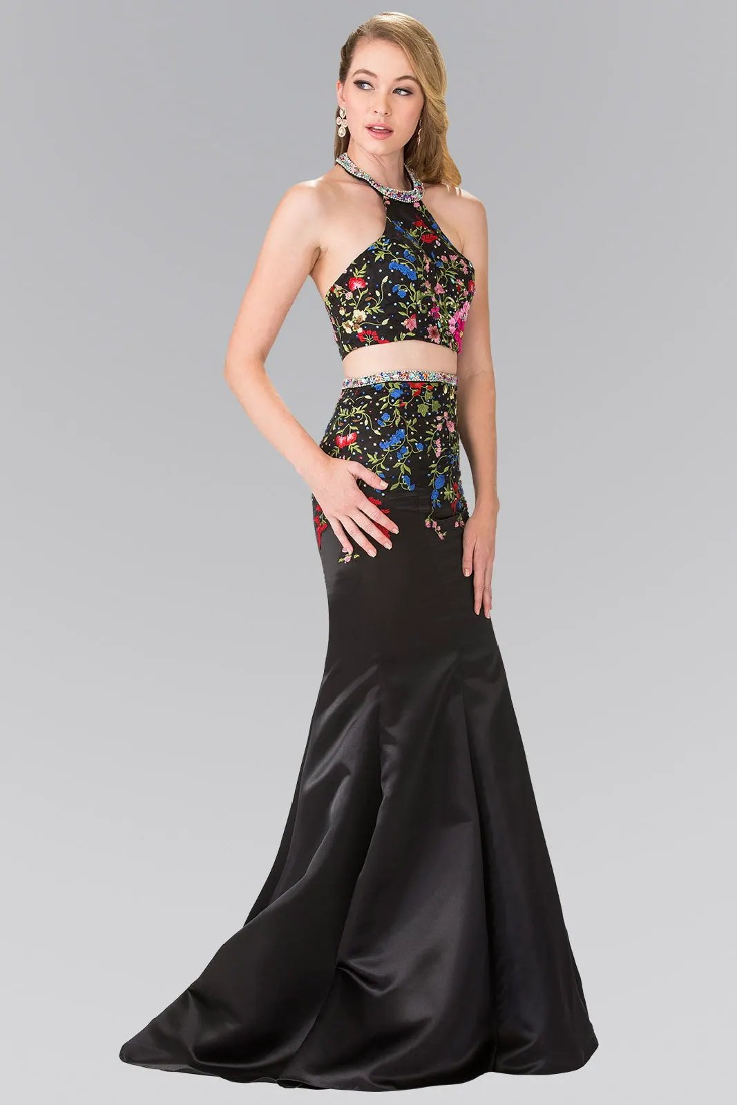 Two-Piece Floral Embroidered Satin Prom Dress with Halter-Neck and Mermaid Skirt by Tux-USA