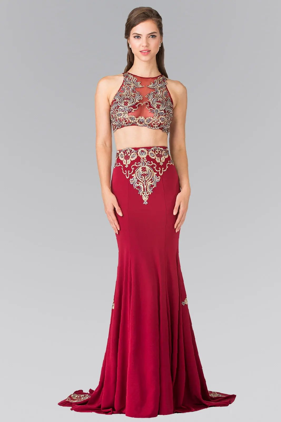 Two-Piece Embroidery Jersey Long Dress with Tail by Tux-USA