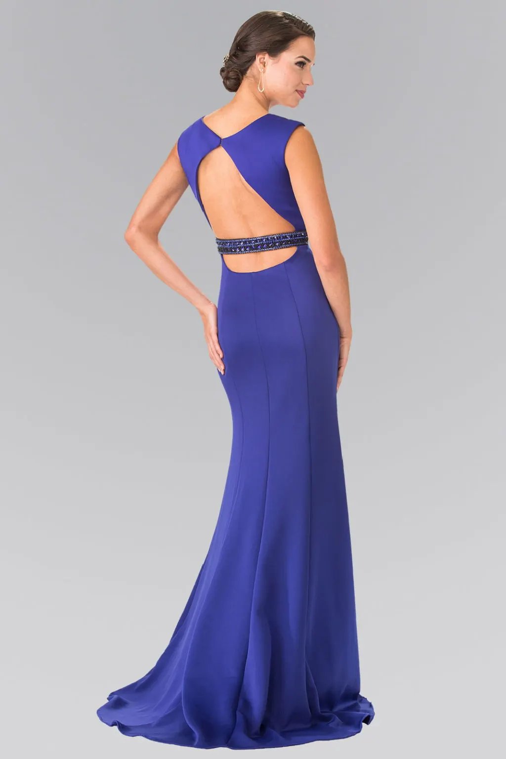 Beaded Waist Line Jersey Long Dress with Cut-Out Back by Tux-USA