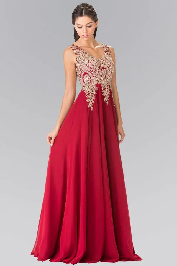 V-Neck Embroidered Chiffon Long Dress by Tux-USA