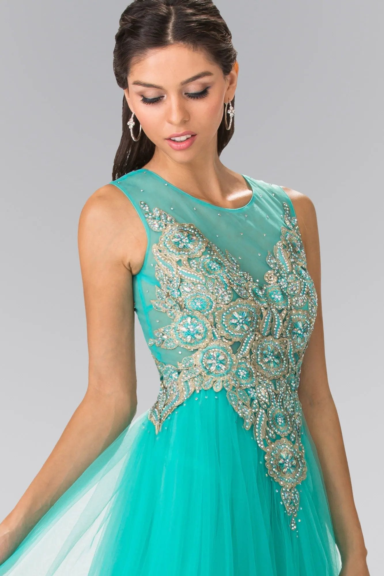 Embroidered Bodice Tulle Long Dress by Tux-USA