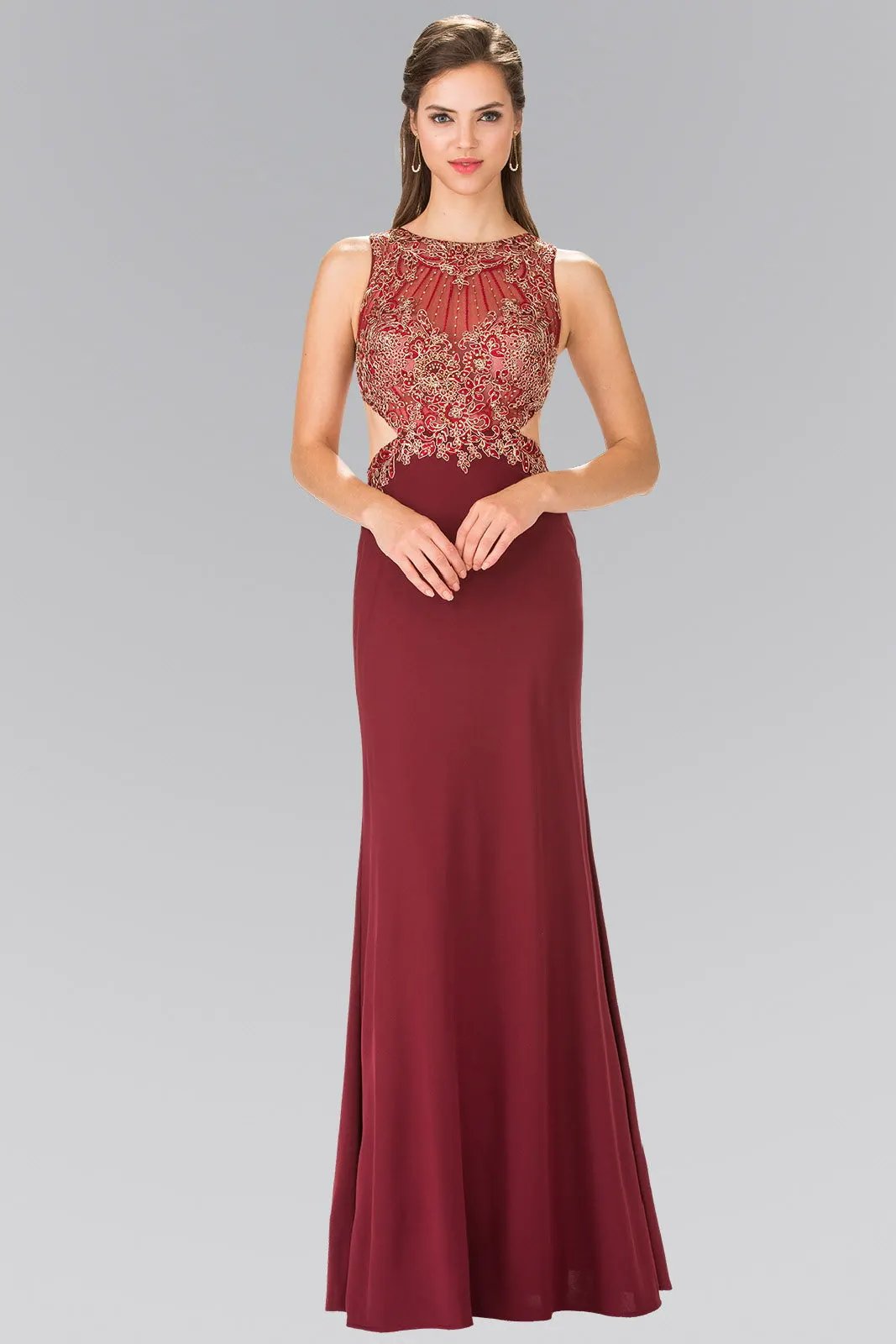 Tux-USA Embroidery Sheer Top Jersey Long Dress With Cut Outs For Women by Tux-USA