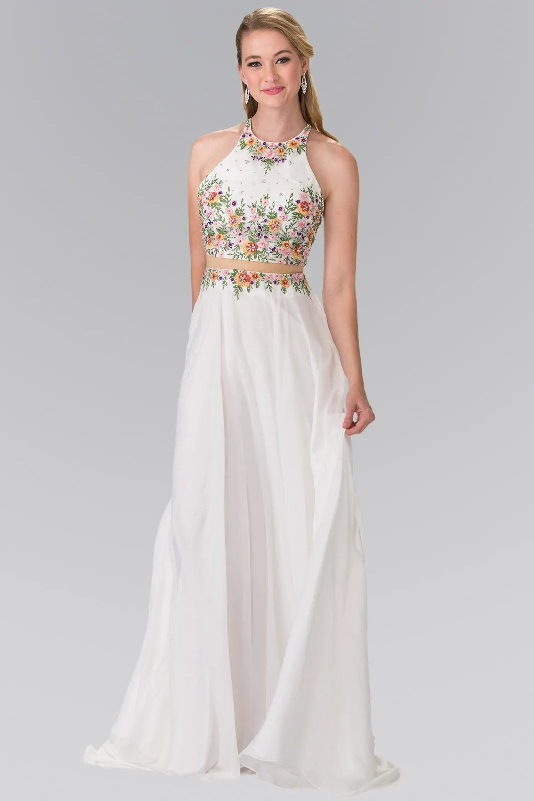 High-Neck Mock Two-Piece Long Dress with Criss Crossing Back by Tux-USA