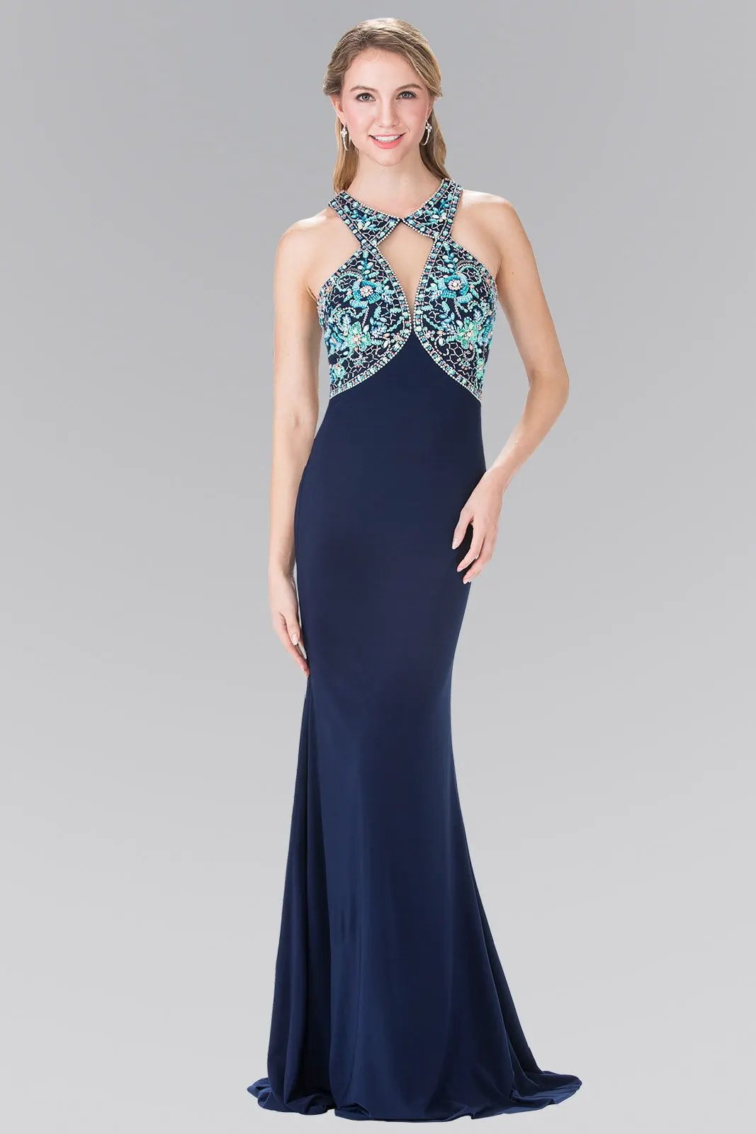 Beads Embellished Jersey Long Dress with Cut-Out Front and Back by Tux-USA