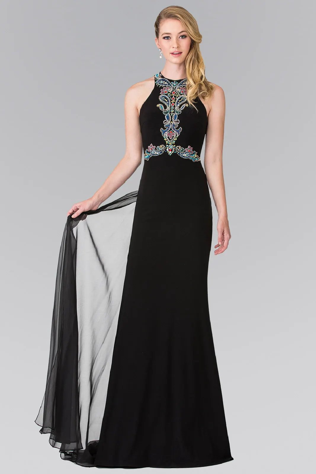 High Neck Beaded Top and Sheer Back Accented with Chiffon Tail by Tux-USA