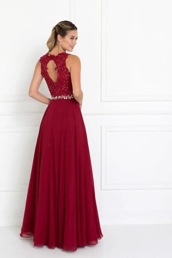 Jewel Embellished Lace Top Chiffon Long Dress by Tux-USA