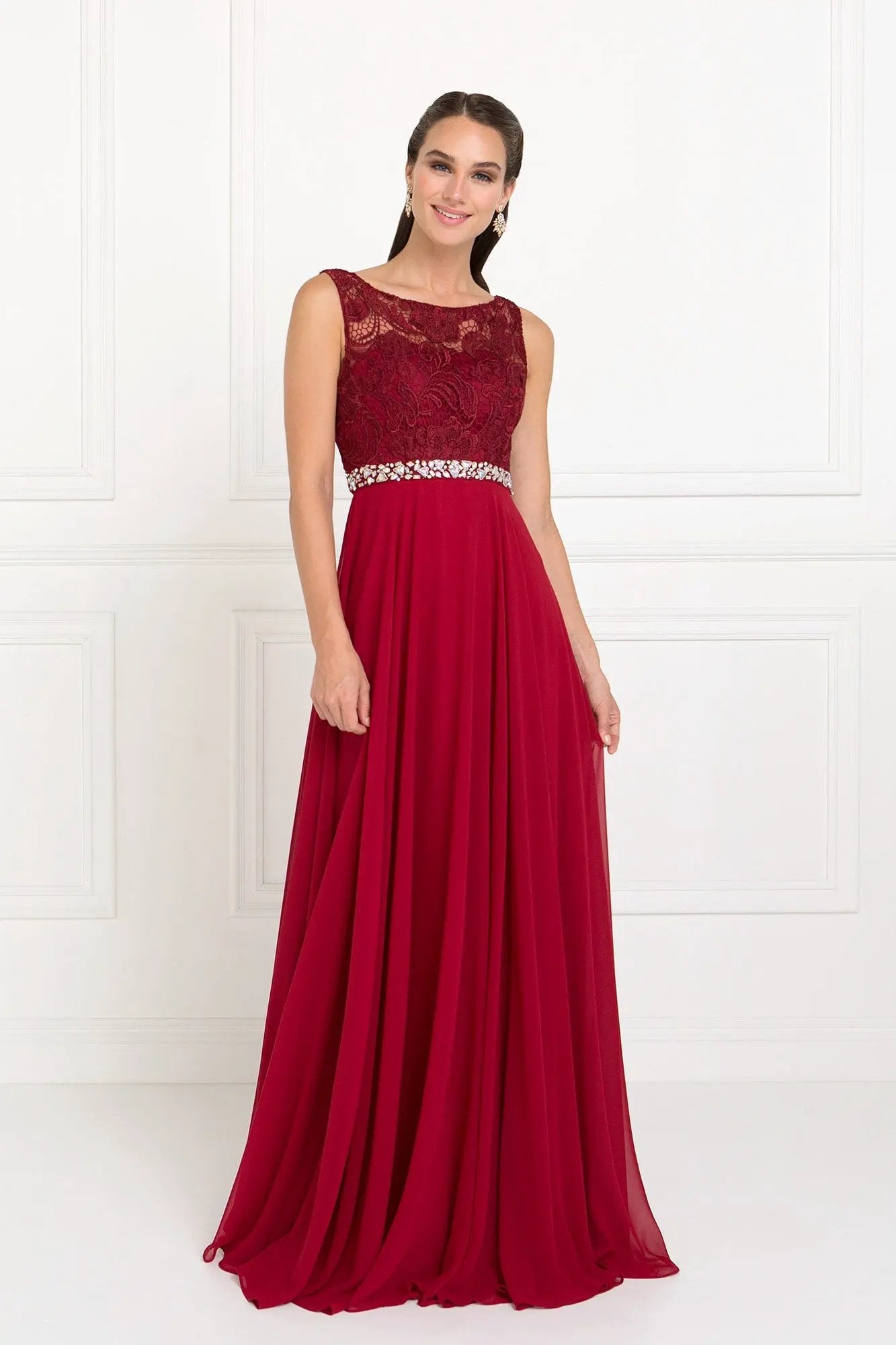 Lace Top Chiffon Long Dress Accented by Jewels on the Waist by Tux-USA