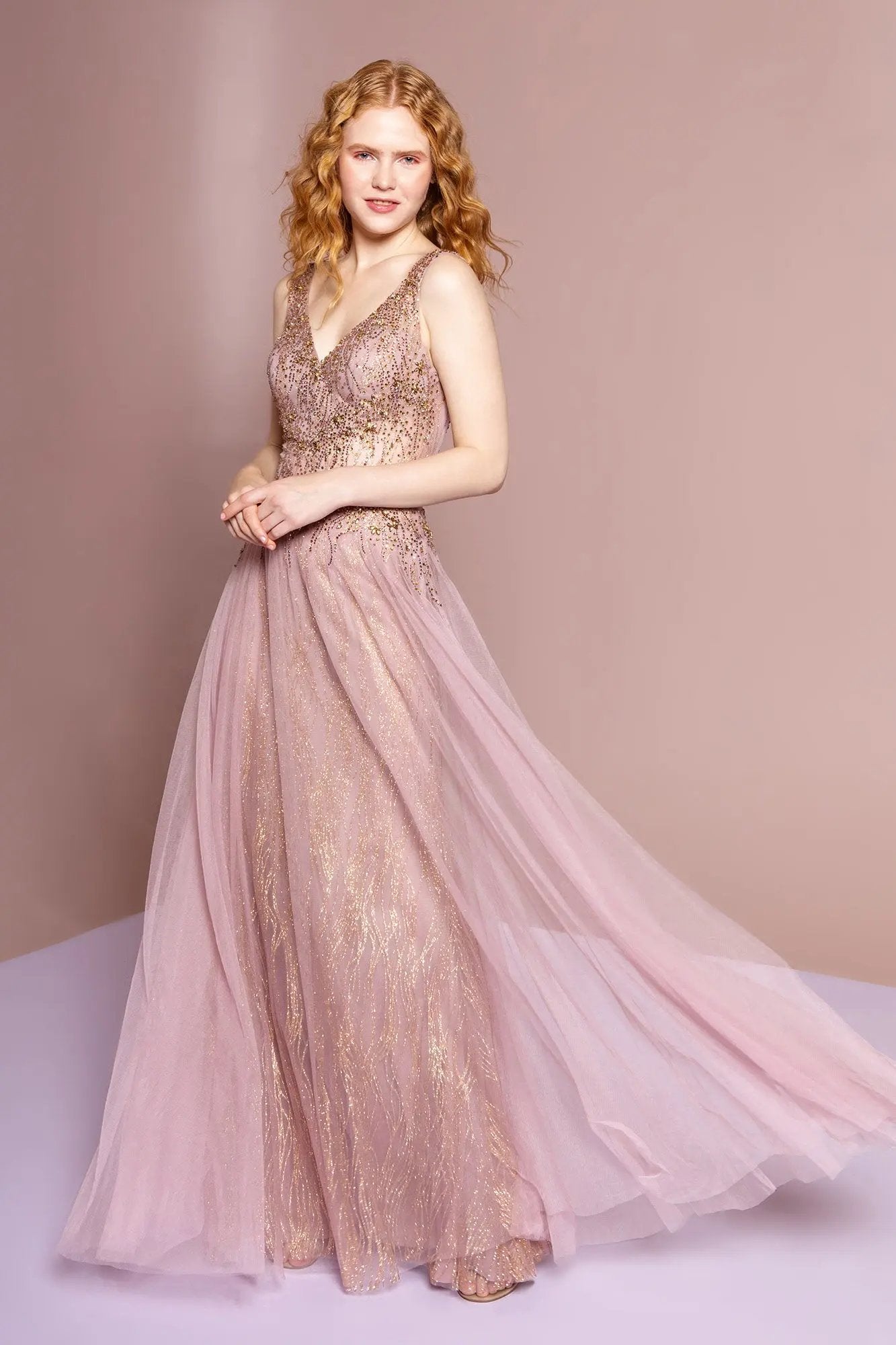 Sheer Bodice V-Neck Glitter Mesh A-Line Dress by Tux-USA