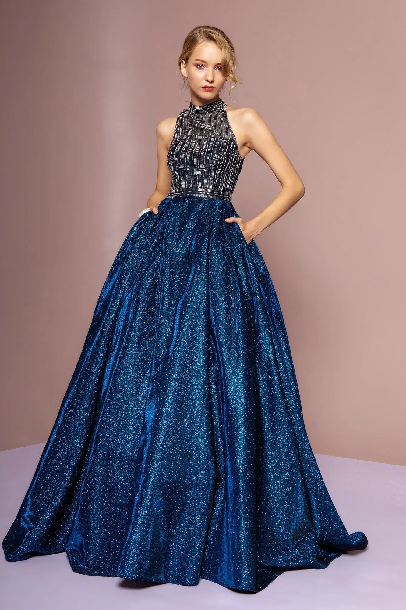 High-Neck Jeweled Bodice Glitter Crepe Ball Gown by Tux-USA