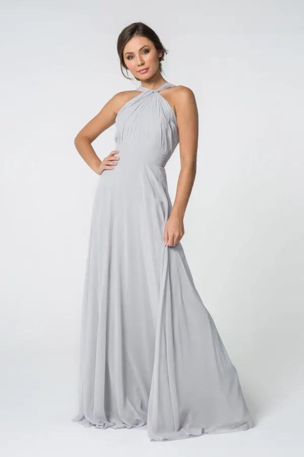 High-Neck Chiffon Ruched-Bodice A-Line Long Dress by Tux-USA
