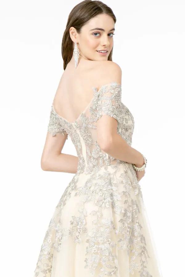 Embroidered Mesh A-Line Long Dress w/ V-Back by Tux-USA