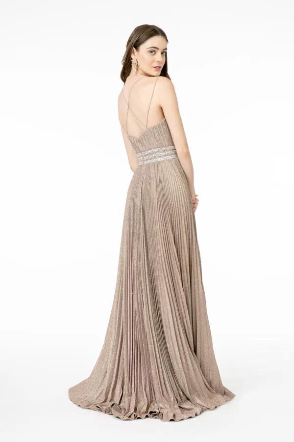 Illusion Deep V-Neck A-Line Pleated Long Dress with Metallic Glitter Finish by Tux-USA