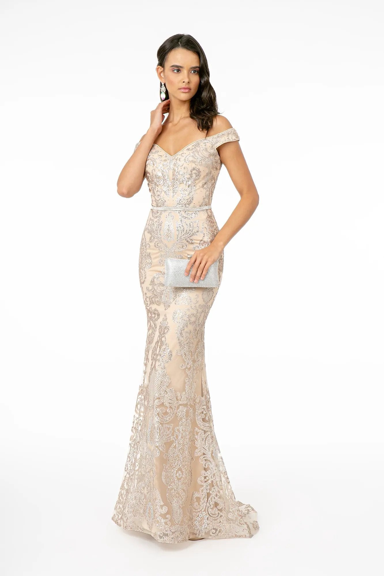 Off-The-Shoulder Glitter Pattern Mesh Mermaid Dress by Tux-USA