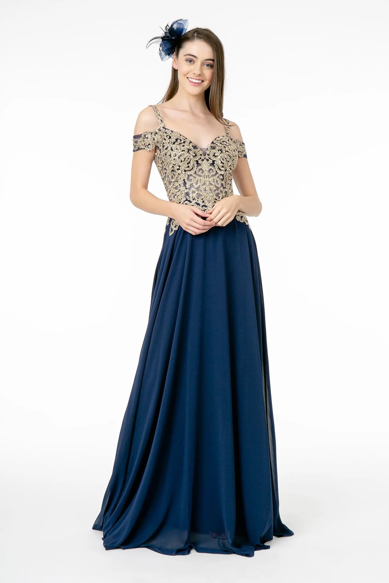 Cut-Away Shoulder Embroidered Bodice Chiffon A-Line Dress by Tux-USA