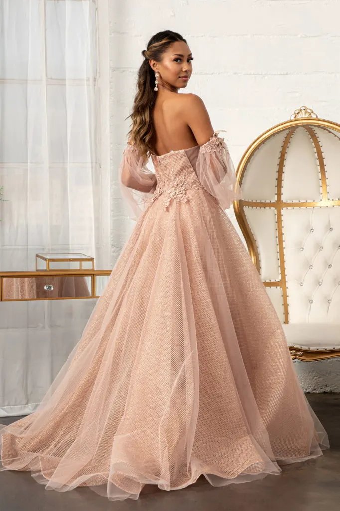 3-D Flower Embellished Glitter Netting A-line Dress w/ Detached Long Sleeves by Tux-USA