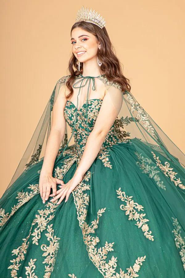 Jewel Embellished Tull Quinceanera Ball Gown w/ Embroidered Mesh Cape by Tux-USA