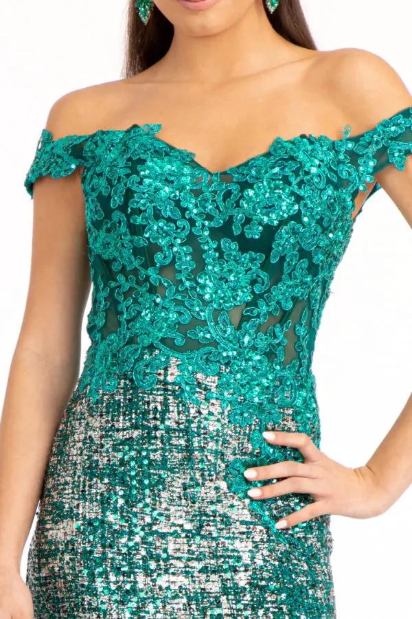 Sheer Bodice Cut-Away Shoulder Lace-Up Back Sequin Prom Dress w/ Leg Slit by Tux-USA