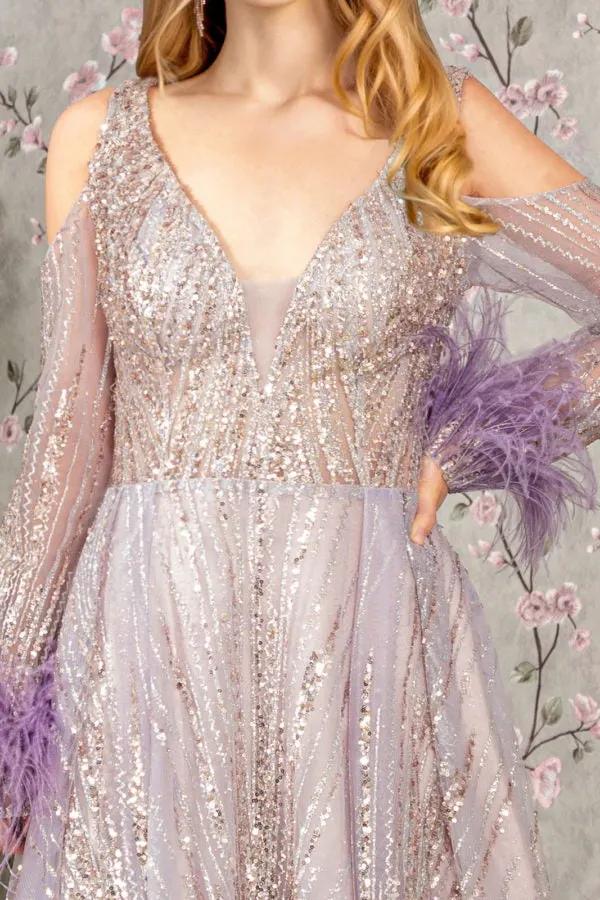Feather-Wrist Embellished Glitter A-line Dress w/ Cut-Away Long Sleeves by Tux-USA