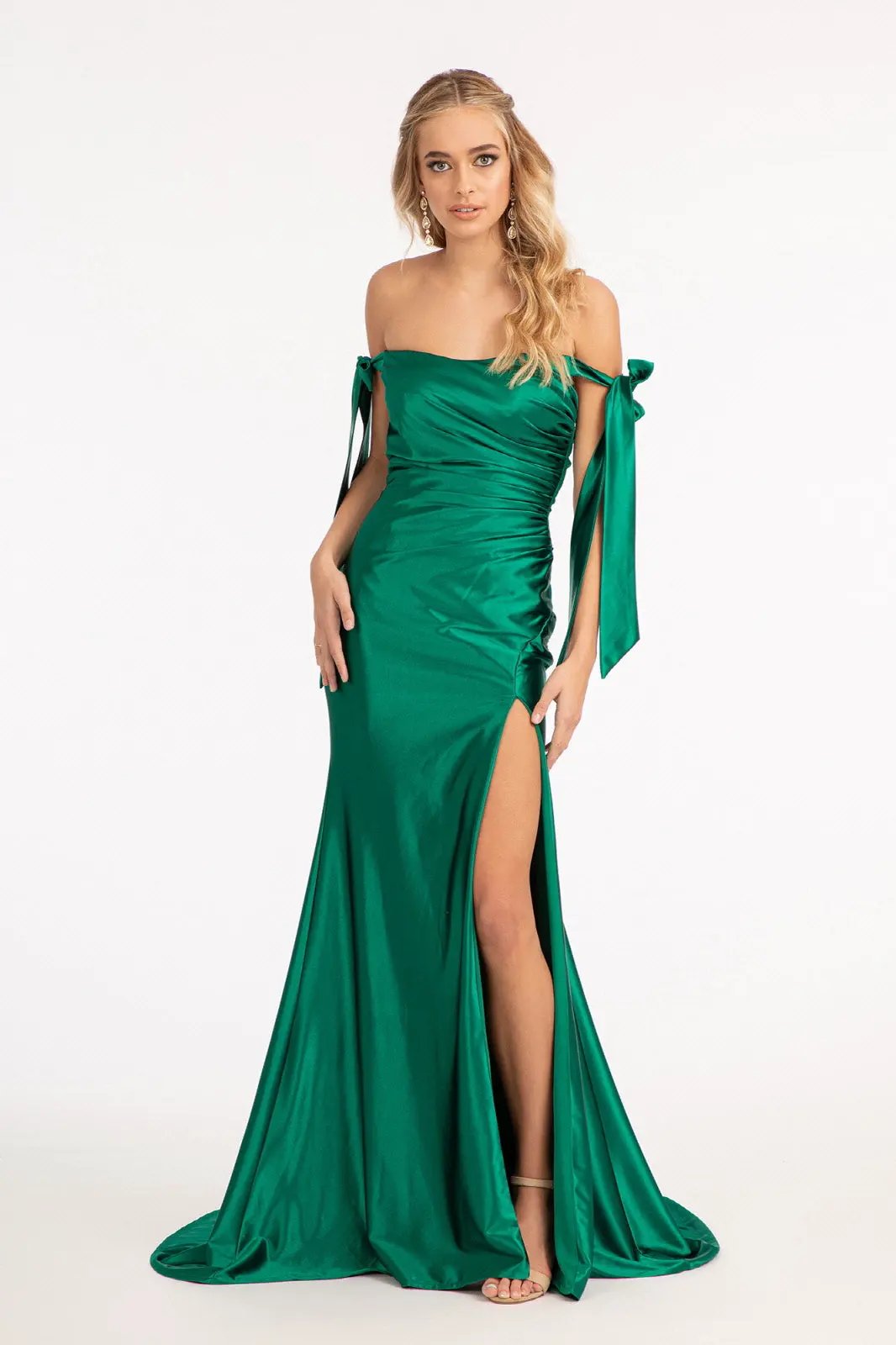 Gathered Bodice Satin Mermaid Dress w/ Straight Across Neckline by Tux-USA