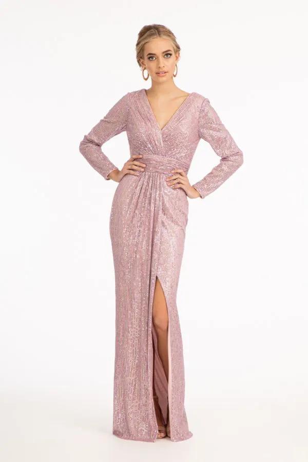 Gathered Waist Sequin Embellished Mermaid Dress w/ Long Sleeves by Tux-USA