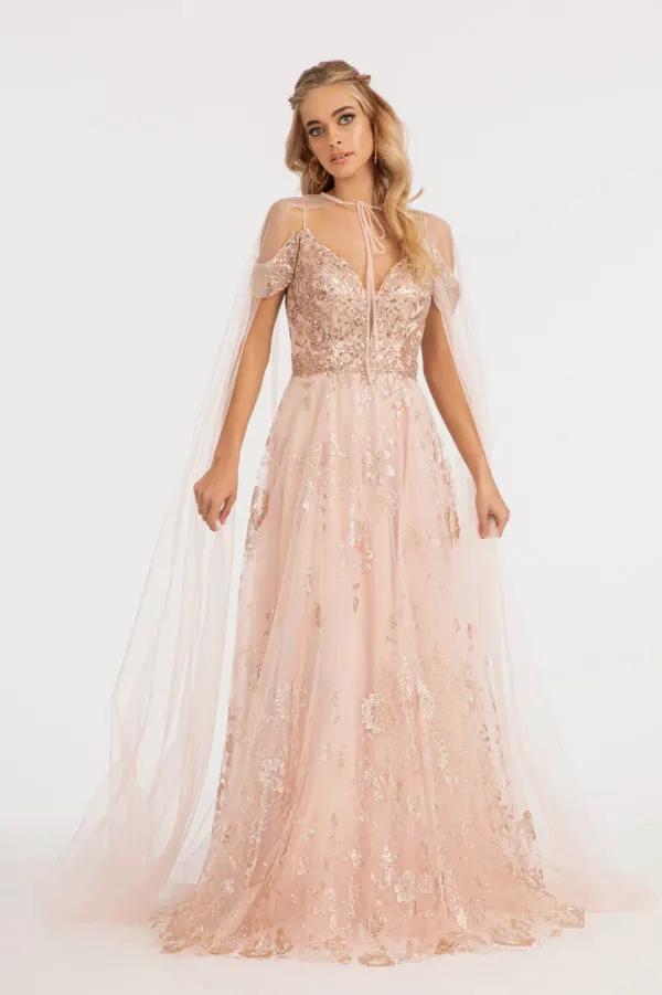 Illusion V-Neck Embroidered Mesh A-line Dress w/ Open V-Back by Tux-USA