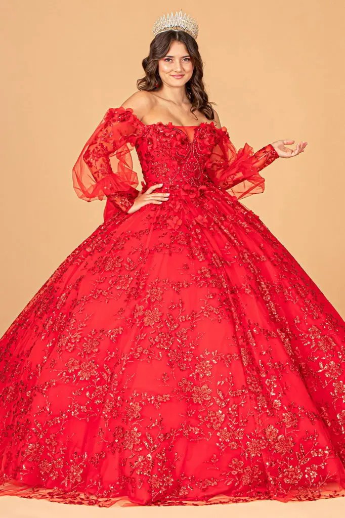 Mesh Long Sleeves Quinceanera Dress w/ Detachable Ribbon and Mini Bag by Tux-USA